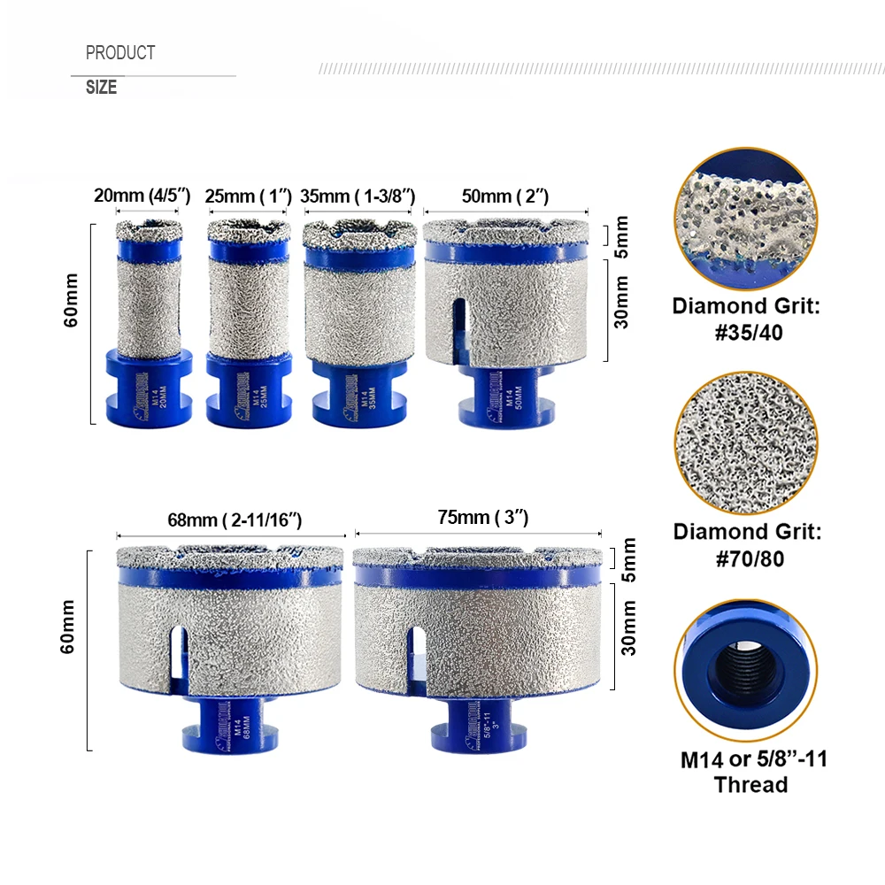 SHDIATOOL 1pc Dia20/25/35/50/68/75mm Diamond Milling Finger Core Drill Bits Drilling Tile Marble Quartz M14 or 5/8\