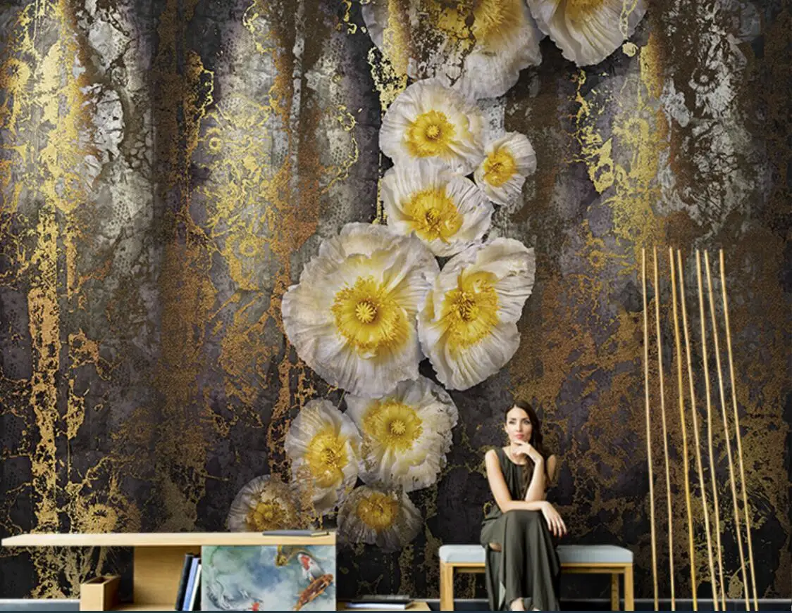 

Custom 3d wallpaper mural hand painted abstract vintage yellow floral wall paper background wall papel pintado de pared