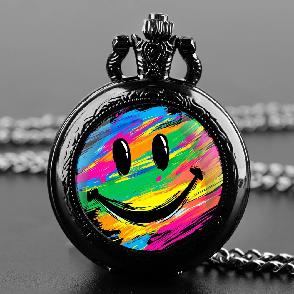 Oil Painting Dazzling Smile Design Vintage Quartz Pocket Watch Men Women Black Pendant Necklace Chain Clock Jewelry Lucky Gifts