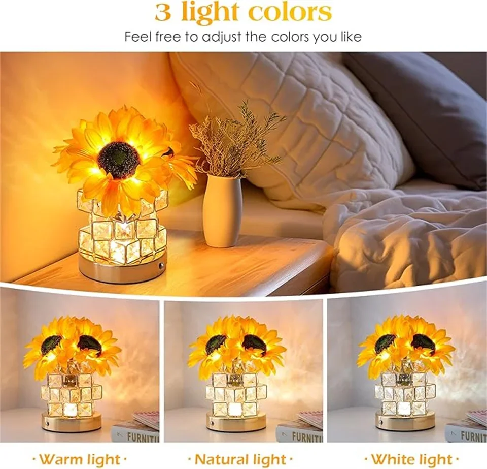 LED Crystal Sunflower Table Lamp 3 Colors Dimmable Magic Cube Rose Creative Atmosphere Lights Bedroom Bedside Decor Light