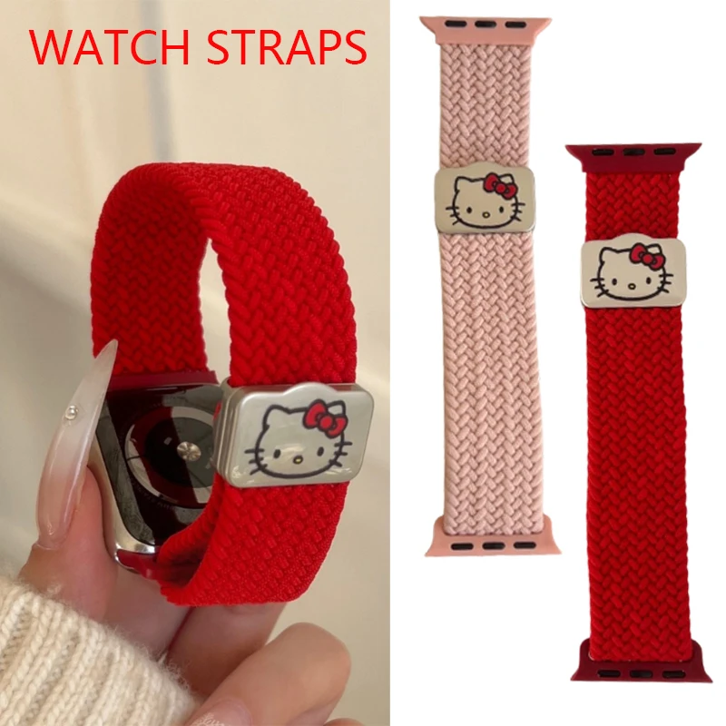 산리오 헬로 키티 애플 워치 밴드용 마그네틱 스트랩, 아이워치 시리즈 울트라 9 용 나일론 직조 스포츠 팔찌, 45mm, 38mm, 49mm, 40mm