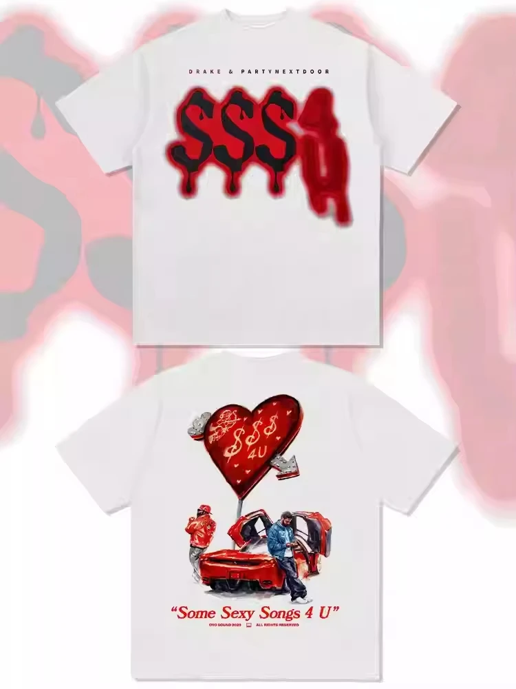 

2025 women NEW American retro hip Hop drake print short sleeve T-shirt High street all-in-one long sleeve crewneck hoodie