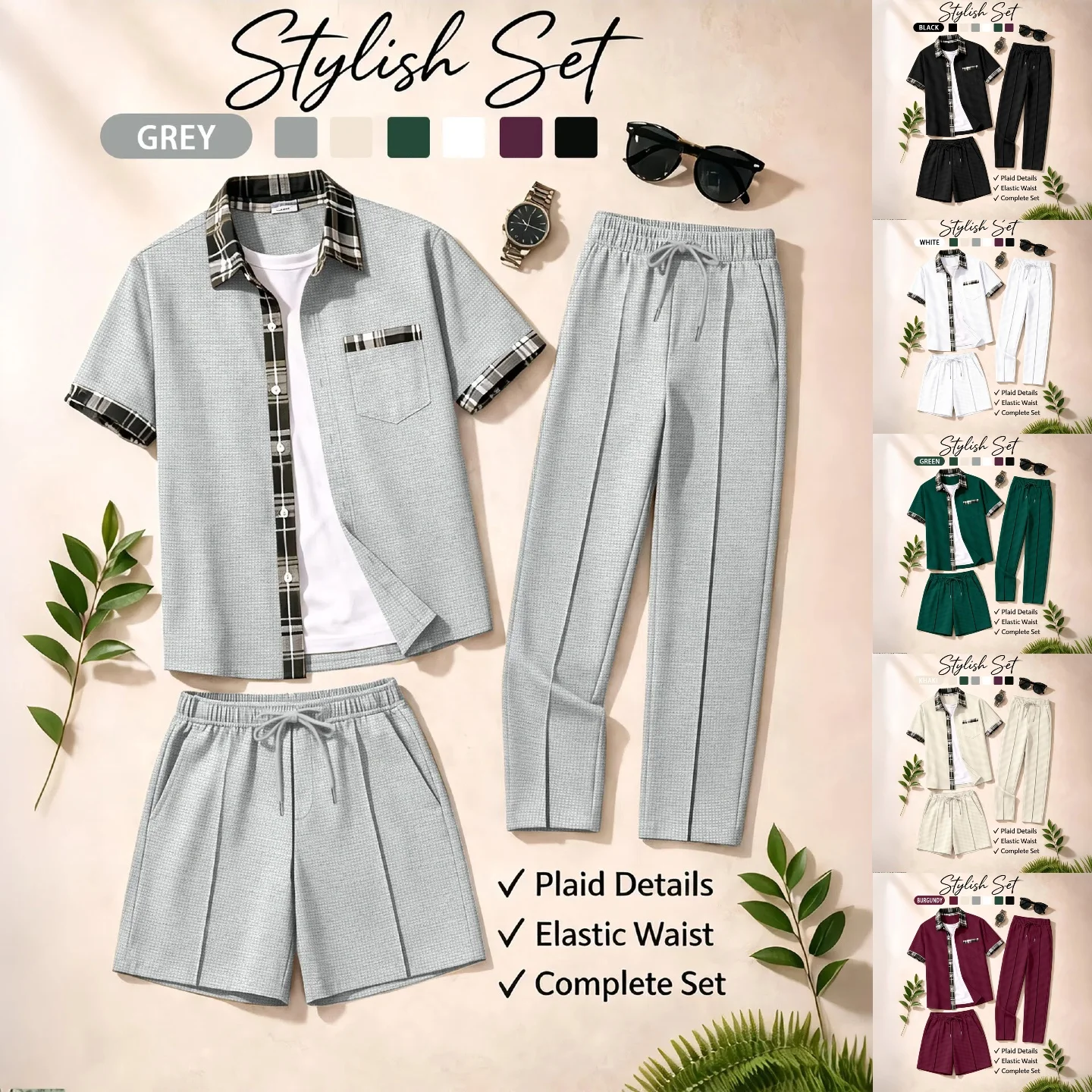

Summer men's new multi-color set, with a modern style that is breathable and refreshing in the summer, a casual three-piece set