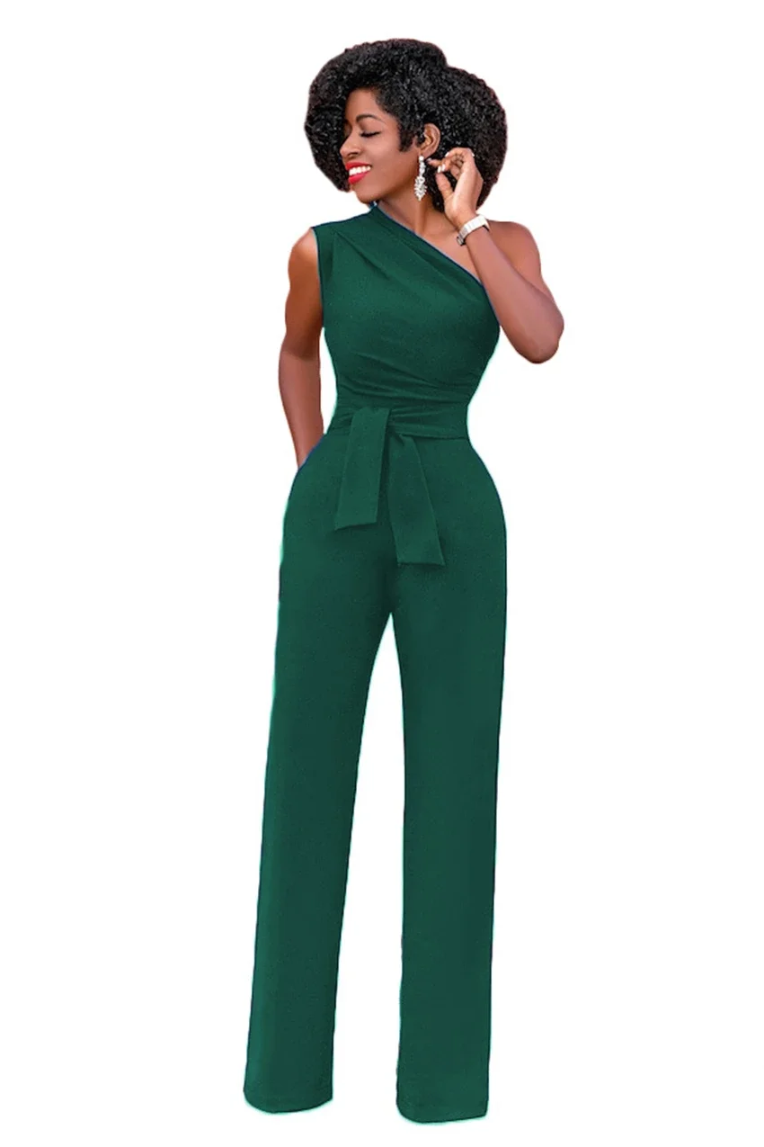 New 2022 Black Jumpsuit One Shoulder Evening Dresses Pockets Prom Gown Wide leg pants Pants Evening strapless Dress