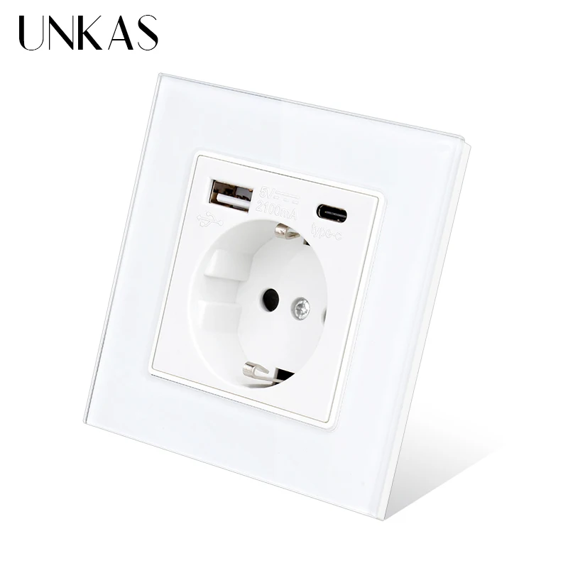 UNKAS Type-C USB Tempered Glass Panel Grey EU / Spain / Russia Wall Power Socket Grounded With Fast Charger Outlet Save Child