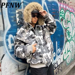 PFNW American Vintage Camouflage Chinese Knot Buttoncotton Padded Coat Men's Loose High Street Fur Collar Winter ParkasCPG2407