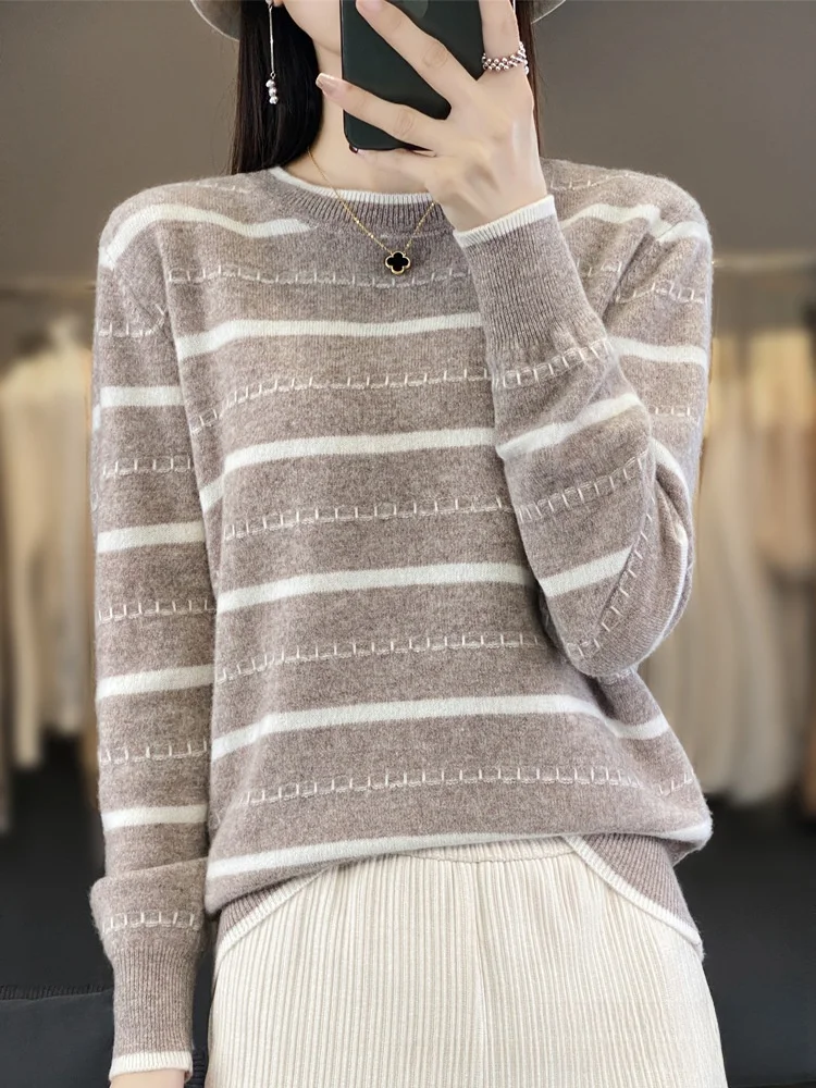 Pull tricoté Long Sve pour femme rond Ne rayé couche de base irt automne hiver nouvelle Station indépendante Sle Cross Bor...