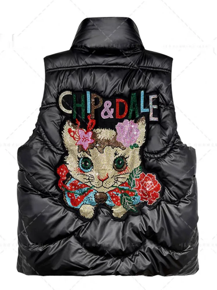 冬の漫画風レターシークイン装飾ダウンコットンベスト、ブラック、西洋風ファッションカジュアル多用途レディースコート