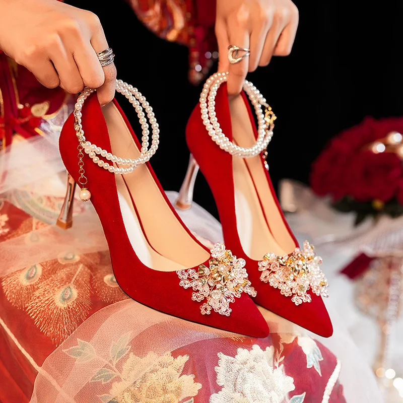 Large Size 31-43 Red Bride Shoes Stiletto High Heels Women Pearls Chain New Chinese Style Wedding Shoes