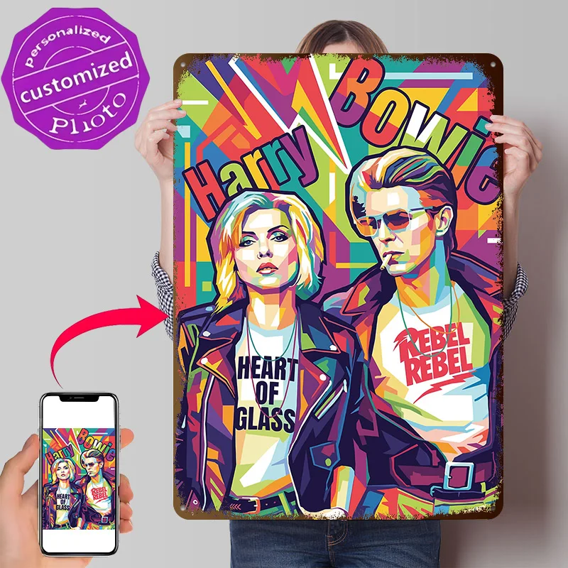 Harry and Bowie Pop Art Portrait Poster Retro 3D Printed Metal Signs Customized Wall Hanging Gift for Room Decorating Interior