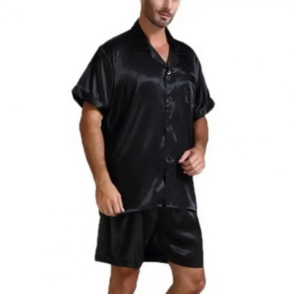 

Men Pajamas Set Single-breasted Buttons Short Sleeves Loose Sleeping Turn-down Collar Elastic Waist Shorts Men Sleepwear 잠옷