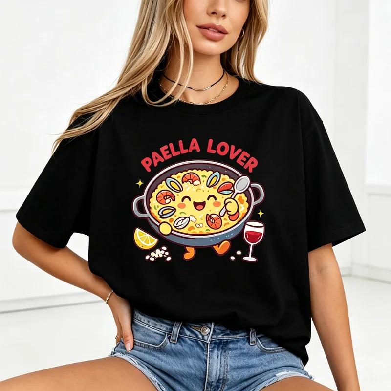 Vintage Paella Lover Graphic T Shirt Women Retro Spanish Food Wine Travel Souvenir Casual Short Sleeve Holiday Vacation Tee Tops