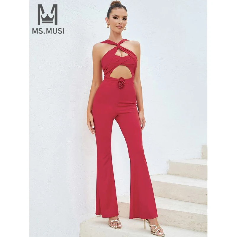 MSMUSI 2025 New Fashion Women Sexy Halter Floral Hollow Out Sleeveless Backless Bodycon Party Club Flare Pant Slim Lady Jumpsuit