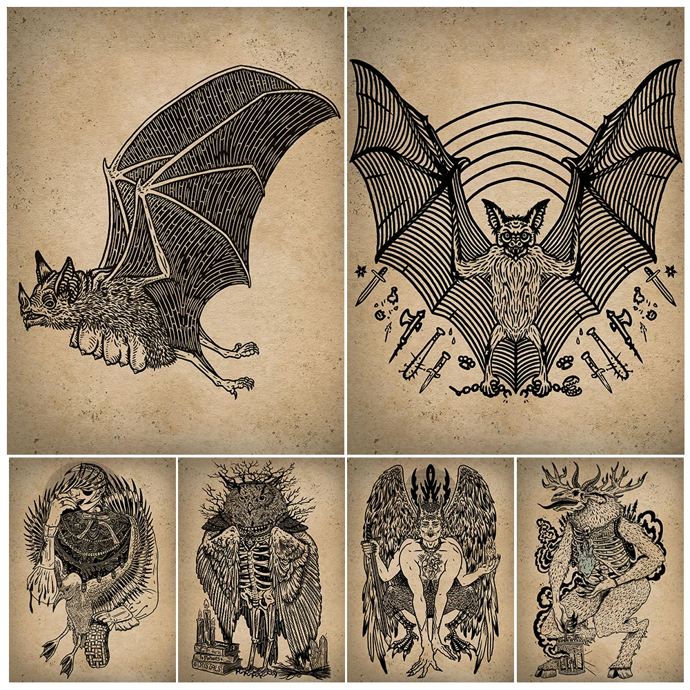

Medusa,Raccoon Wizard,Spider Spirit Vintage Wall Art Print Bat Mother,Owl Shaman Art Poster And Print For Living Room Decoration