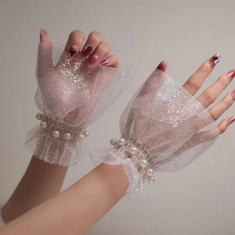 Glitters Shining Fake Wrist Cuff Pearl Tulle Arm Wear False Sleeve Cuffs Detachable Short Hand Model Sleeve Photo Shoot Styling