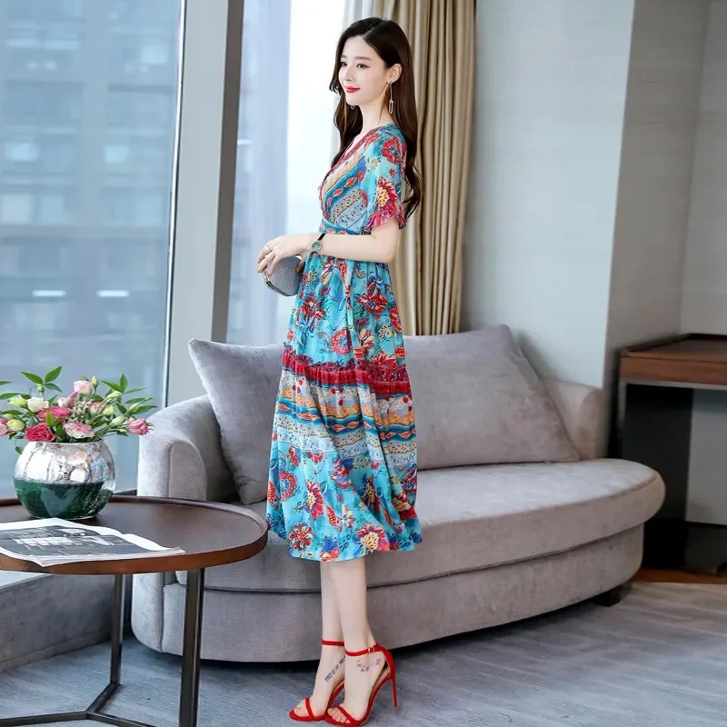 Printed Ｃhiffon Ｄress 2023 Ｓummer Ｎew Ｆashion Ｃomfortable Ｌook Ｓlim Ｅverything Ｗith Ｐopular Ｅthnic Ｗind Ｌong Ｓkirt Ｔide