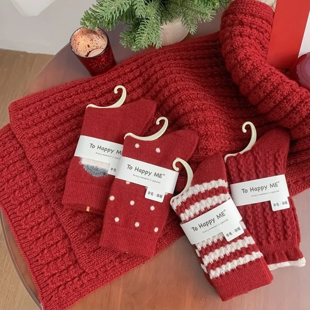 

Vibrant Red Noodle Patterned Socks Warm Woolen Thickened Snake Year Zodiac Socks Comfortable Polka Dot Socks Essential Stockings