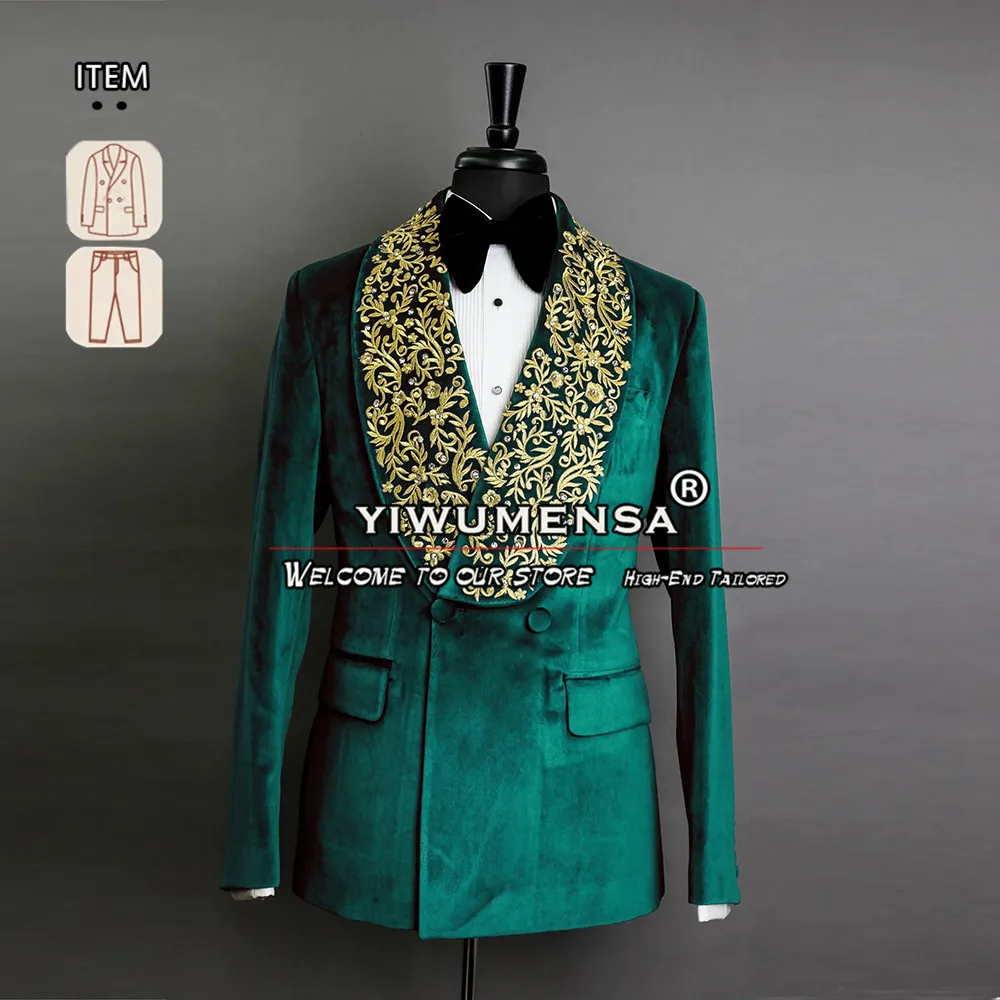 Pakaian Formal beludru Appliques emas pria, jas Formal pernikahan pengantin pria, celana Blazer Double Breasted, pakaian pria 2 potong