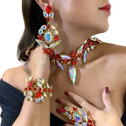 4pc Exquisite Sparkling Red Rhinestone Necklace Earrings Ring Bracelet Jewelry Set Luxury Banquet Party Dressing Body Jewelry