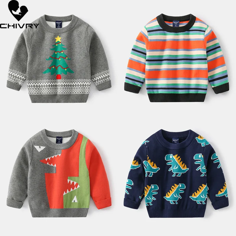 

New Kids Pullover Sweater Autumn Winter Fashion Boys Cute Cartoon Dinosaur Jacquard O-neck Knitted Sweaters Children Clothing