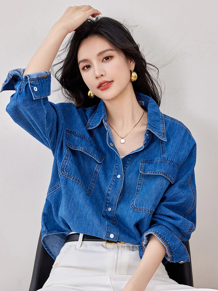 Women Fashion Denim Shirts 2024 Autumn New Harajuku Vintage Jean Blouse Korean Style Long Sleeve Single-breasted Tops