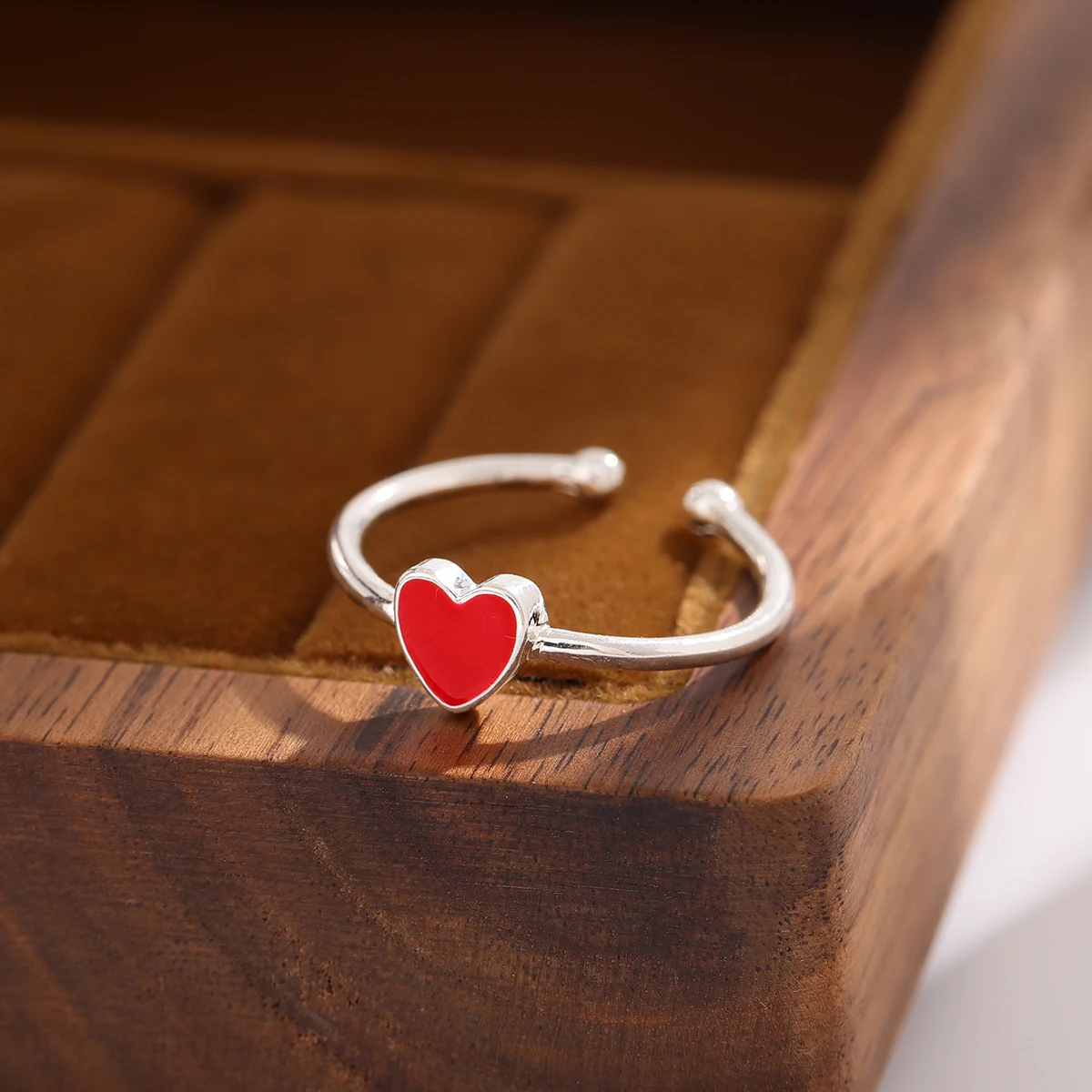 Women's 925 Sterling Silver Red Enamel Love Peach Heart Opening Ring