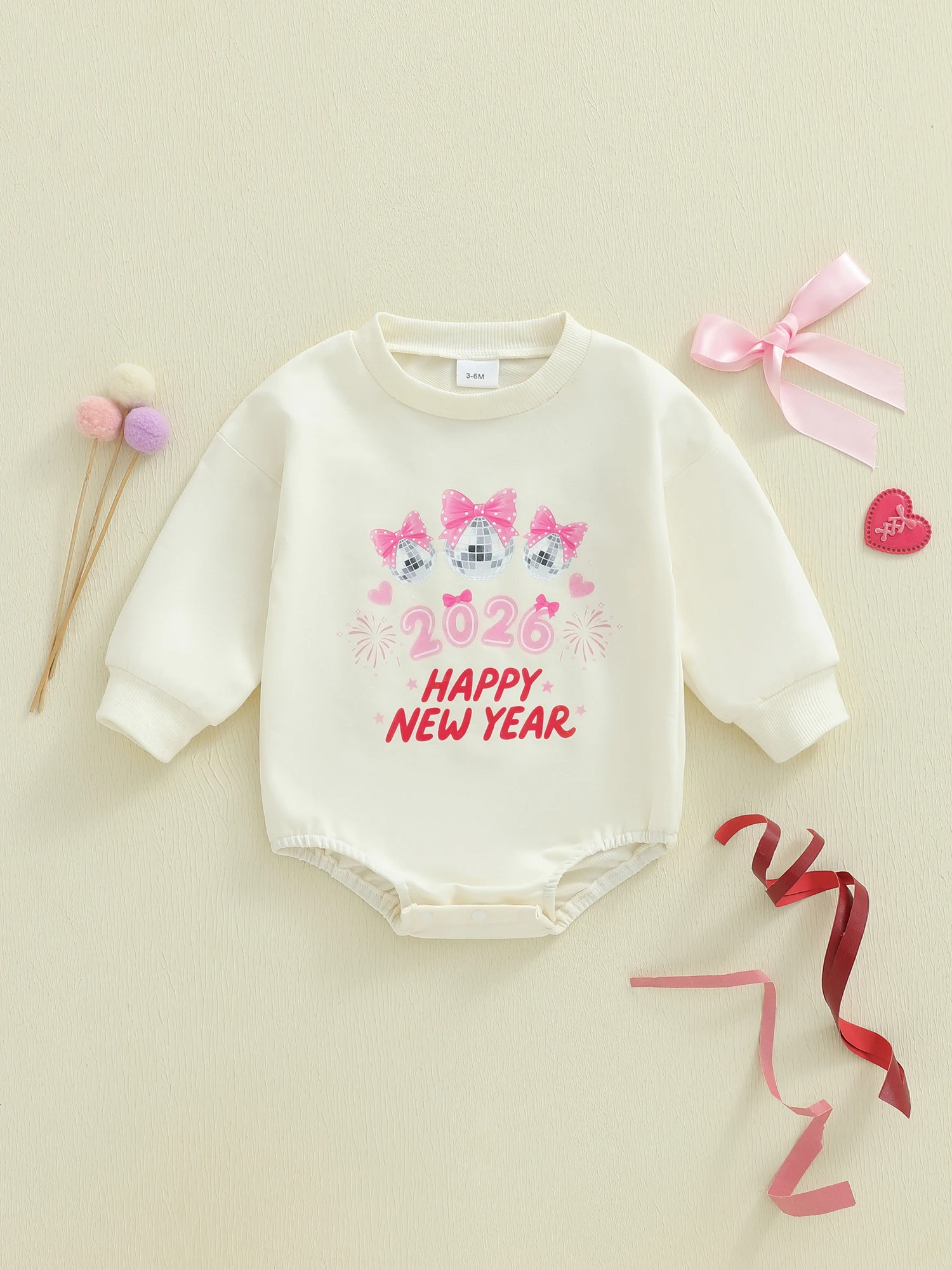 

Infant Girls New Year with Bow Letter and Ball Print Long Sleeve Round Neck Bubble Romper Jumpsuit