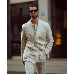 Linen Beige Summer Double Breasted Men Suits 2  Piece Jacket Pants Terno Handsome Male Clothing Daily Outfits 2024