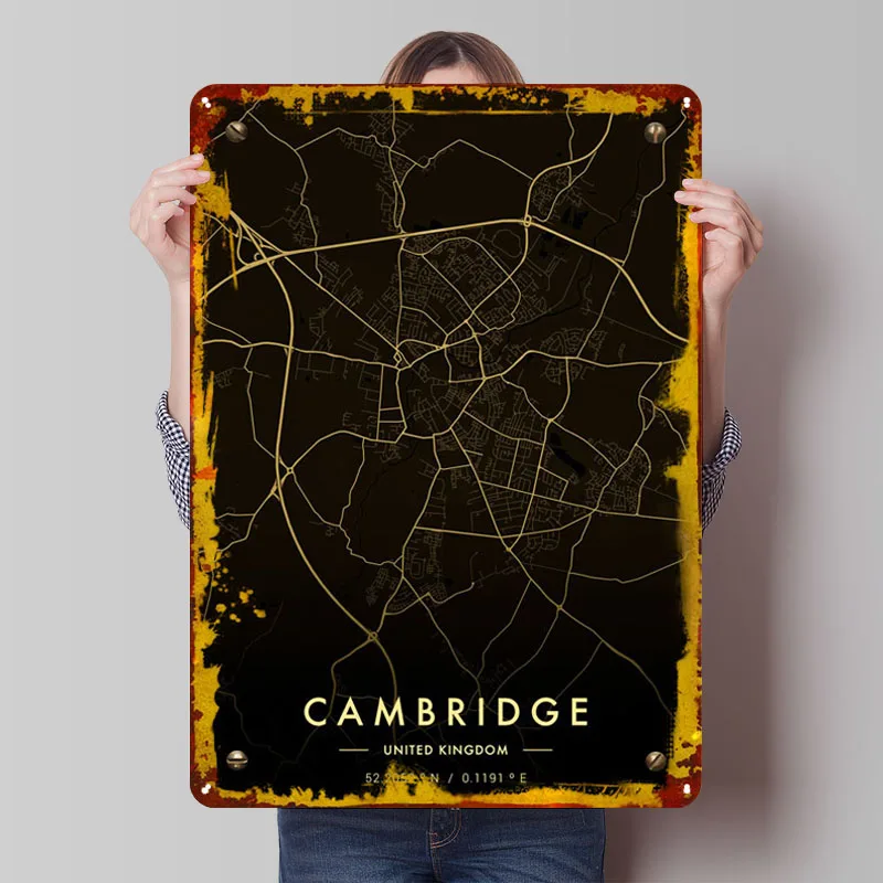 Cambridge City Map Gold Map Metal Poster Home Decoration Living Room Custom Metal Tin Signs for Wall Art Decoration Retro Plates