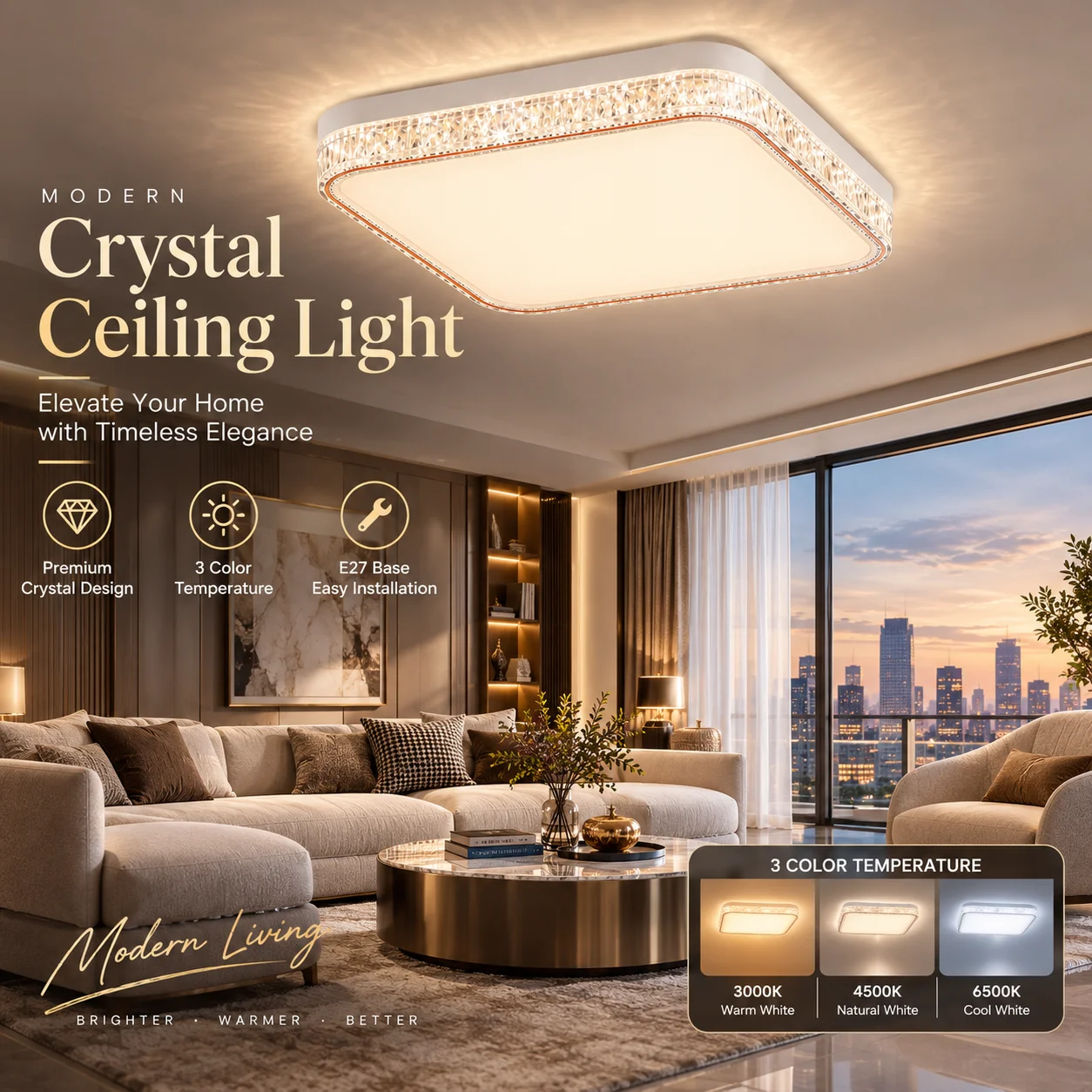 Luxury Crystal Effect LED Ceiling Light,24W 36W 48W Modern Flush Mount Lamp 3 Color 3000K 4500K 6500K for Bedroom Living Room