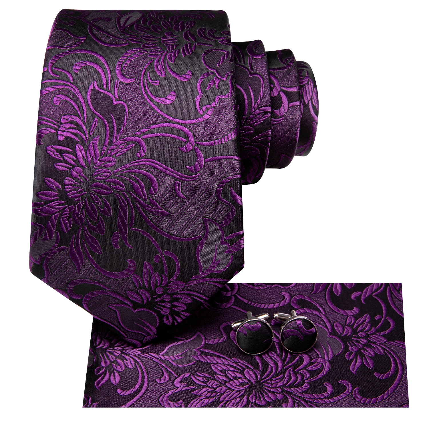 Hi-Tie Novelty Floral Purple Mens Elegant Necktie Handkerchief Cufflinks for Tuxedo Fashion Classic Silk Luxury Tie for Man