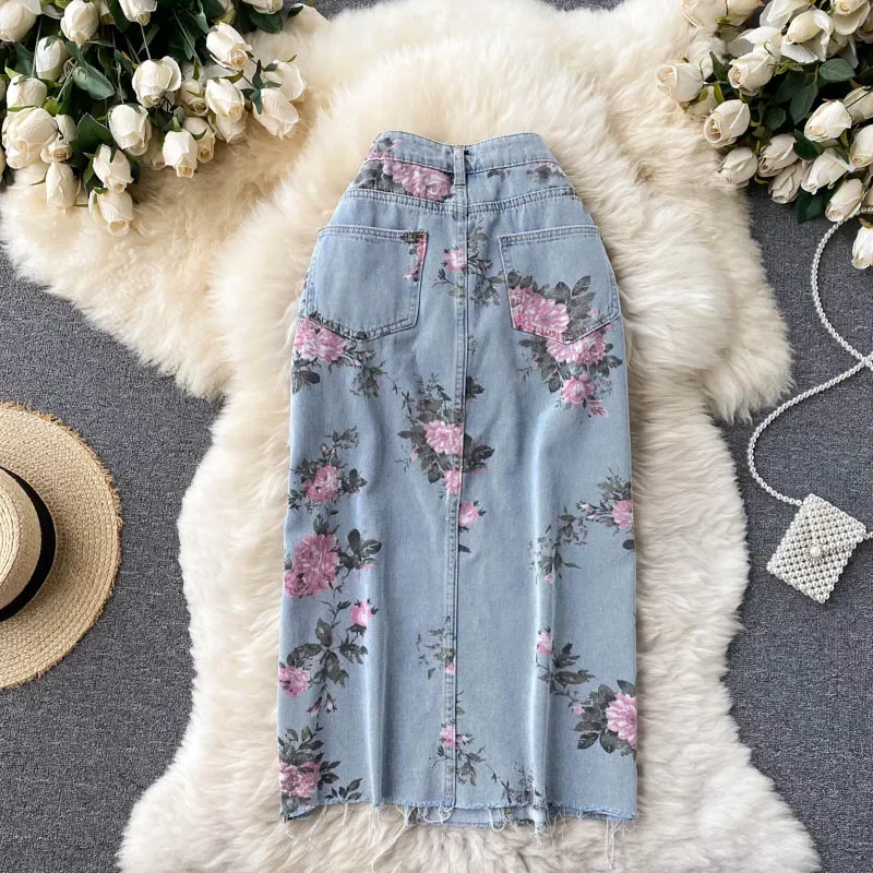 Floral Print Denim Skirt Women 2023 New Summer Autumn Long Jeans Skirt High Waist Sexy Side Split Vintage Party Skirts New