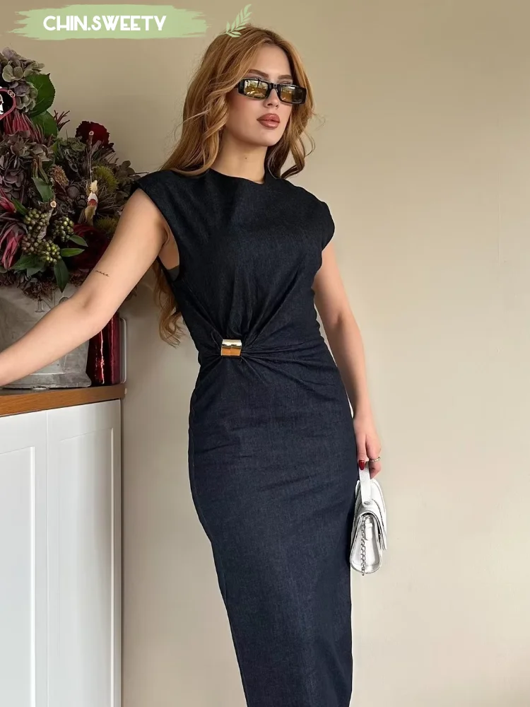 

Dark denim pleated metal maxi dress women elegant sleeveless waist cinching slim fit long dresses 2025 new summer holiday robe