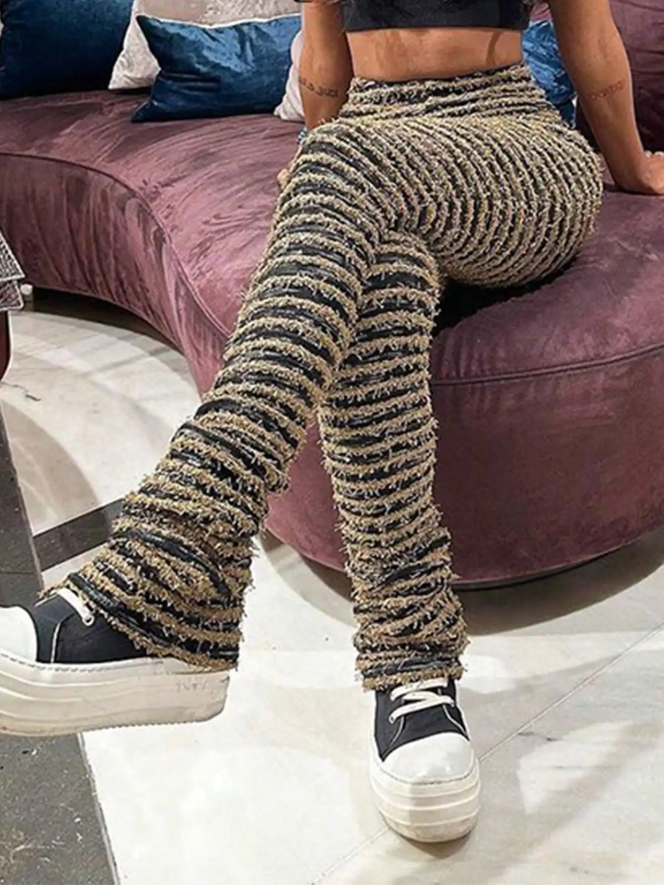 Women's Layered Striped Plush Knitted Ultra-Long Pants Sexy Warm Women's Leggings New Year Women's Clothing