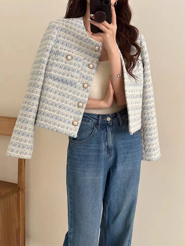 

2024 New Autumn Winter Women Elegant Tweed Cardigan Short Coat with Pocket Single Breasted Jacket for Women Loose Outwear 2023