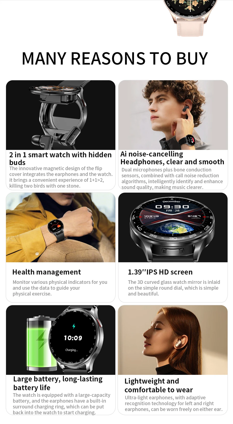 2026 Neue TWS 2-in-1 Bluetooth-Kopfhörer Smartwatch für Herren Herzfrequenz-Gesundheitsüberwachung Wasserdicht BT-Anrufe Musik-Smartwatch für Damen – Detail 2