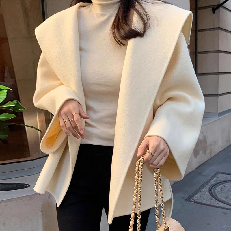 

Chic Autumn Winter Women's Long Sve Woolen Coat with Hood Bow Waist Slimming Versatile Color Faion Commute Sle
