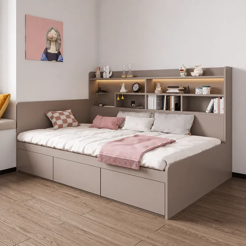 Modern Simple Tatami Bed with Storage Box Body and Bookshelf High Box Air Pressure Bed for Small Apartment Plate Type Design
