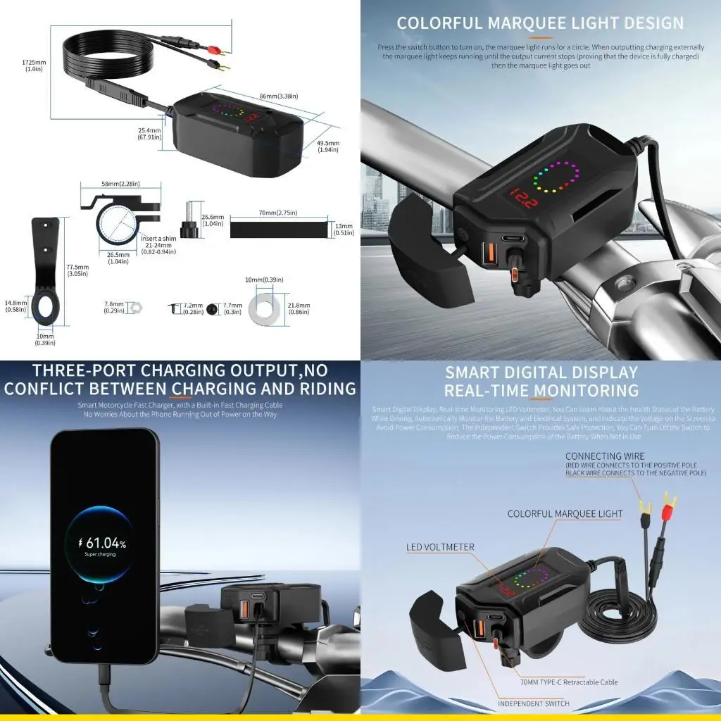 

SZCH Многофункциональный адаптер питания для зарядки мотоцикла с USB A USB C и выдвижным кабелем для зарядки нескольких