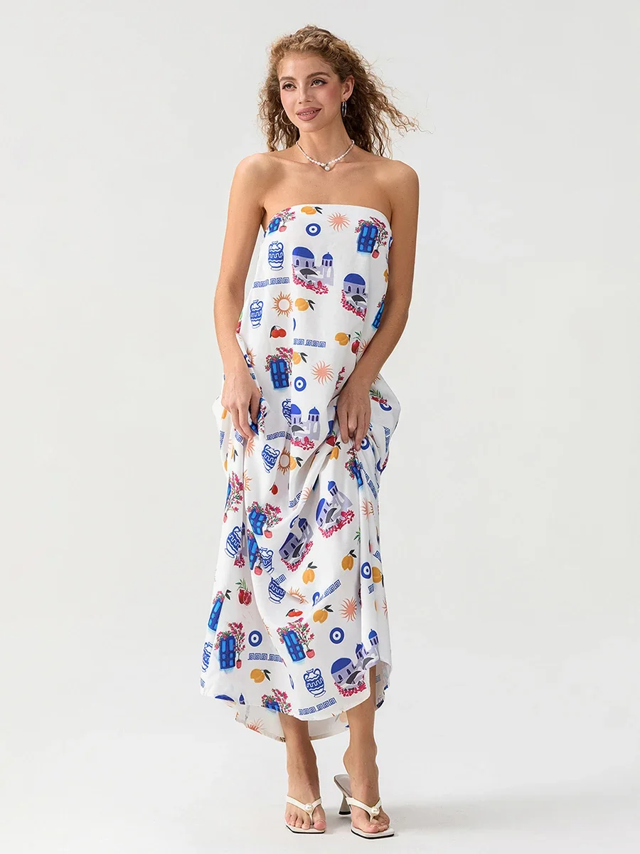 Vestido largo de verano sin tirantes para mujer, ropa informal holgada con hombros descubiertos, Top de tubo, vestido fluido para vacaciones, moda para la playa, nueva ropa de calle