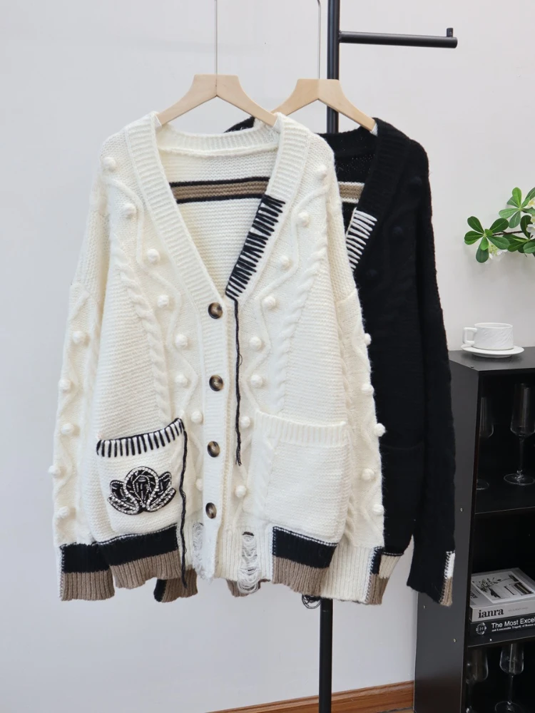 Suéter de punto blanco para mujer, Tops con costuras, moda urbana, cuello en V, manga larga, holgado, vaquero, bolsillo, cárdigan de retazos, prendas de punto Y2K