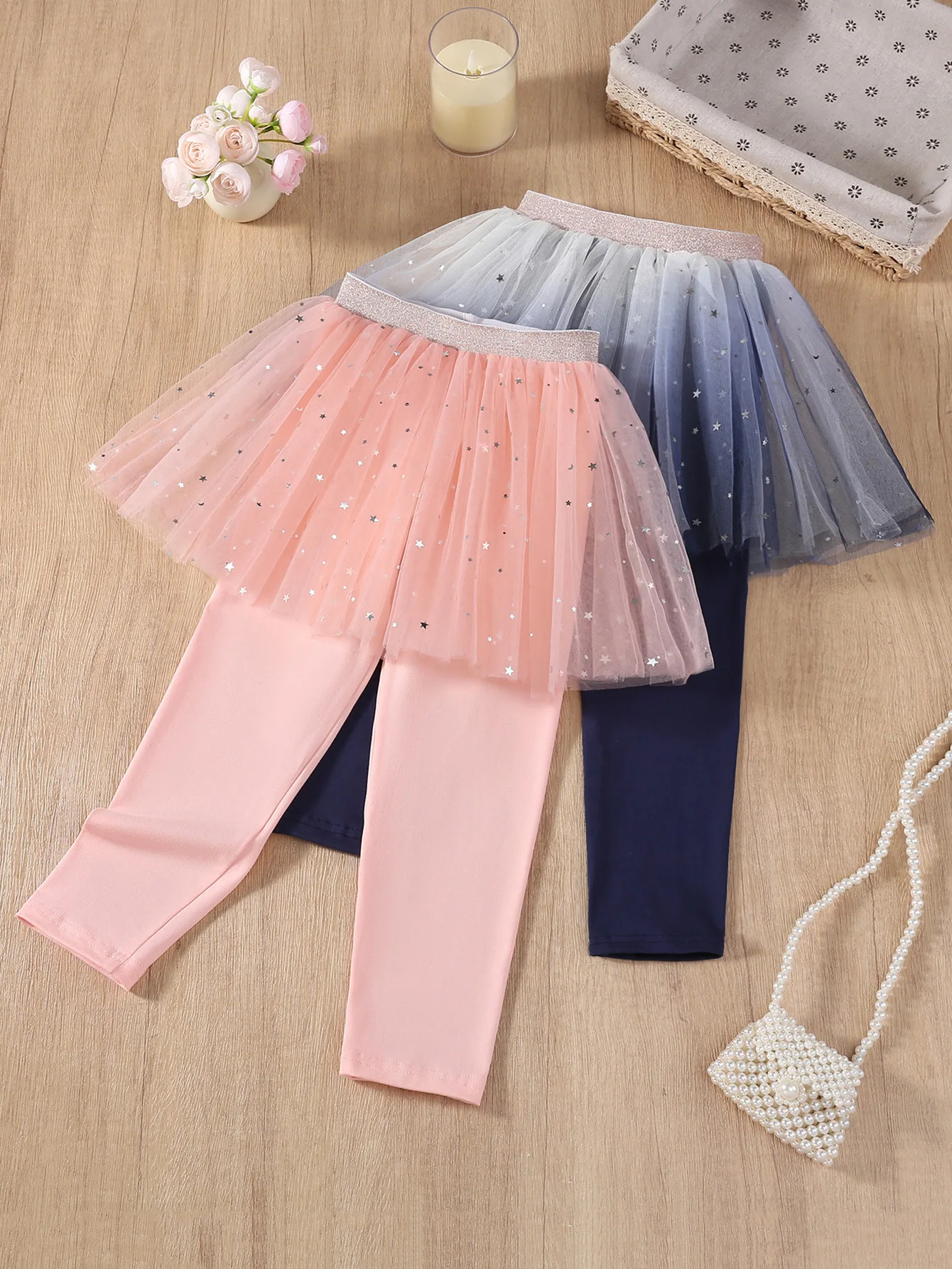 Girl Princess Style 2in1 Tulle Skirt Leggings with Star Sequins Cute Whimsical Dressy Pants Outfit 100-140cm
