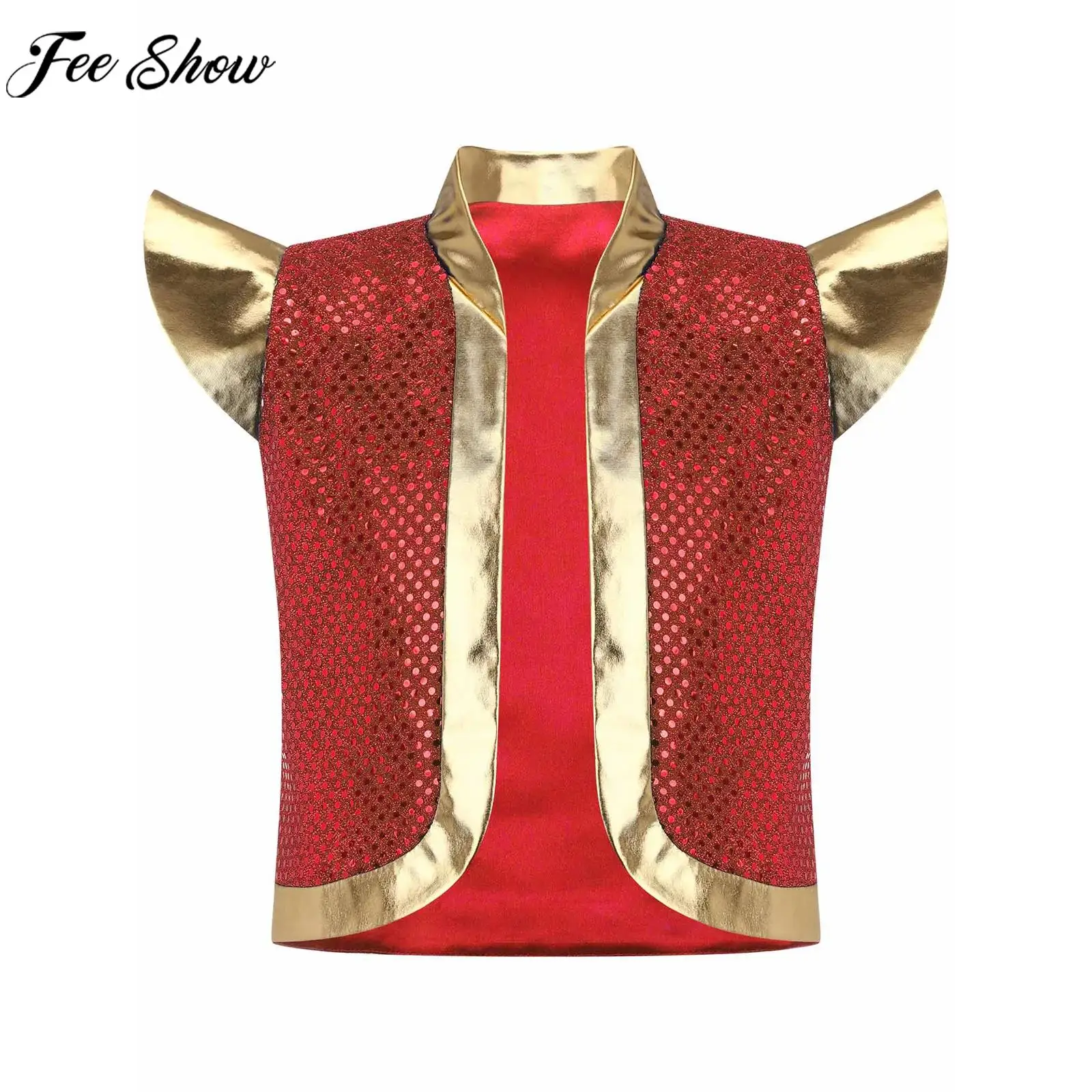 

Boys Arabian Prince Cosplay Costume Shiny Sequins Metallic Open Front Vest Halloween Theme Party Fairy Tale Role Play Clothes