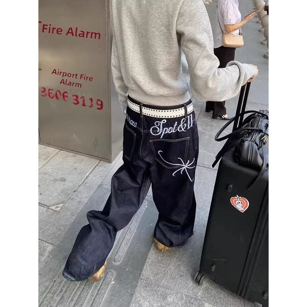 

Джинсы Waed Straight Leg Wide Leg с вышивкой в виде паутины, черные, в стиле рабочей одежды, широкие джинсовые брюки для скейтбординга