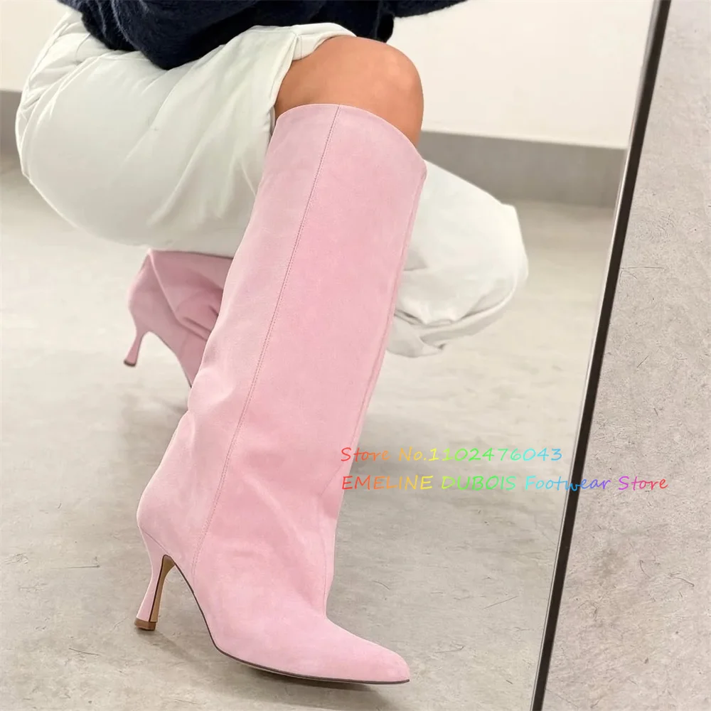 Pink Suede Knee High Boot Women Sexy Pointy Toe Low Heel Slip On Elegant Luxury 2026 Winter New Stiletto Heel Long Boot