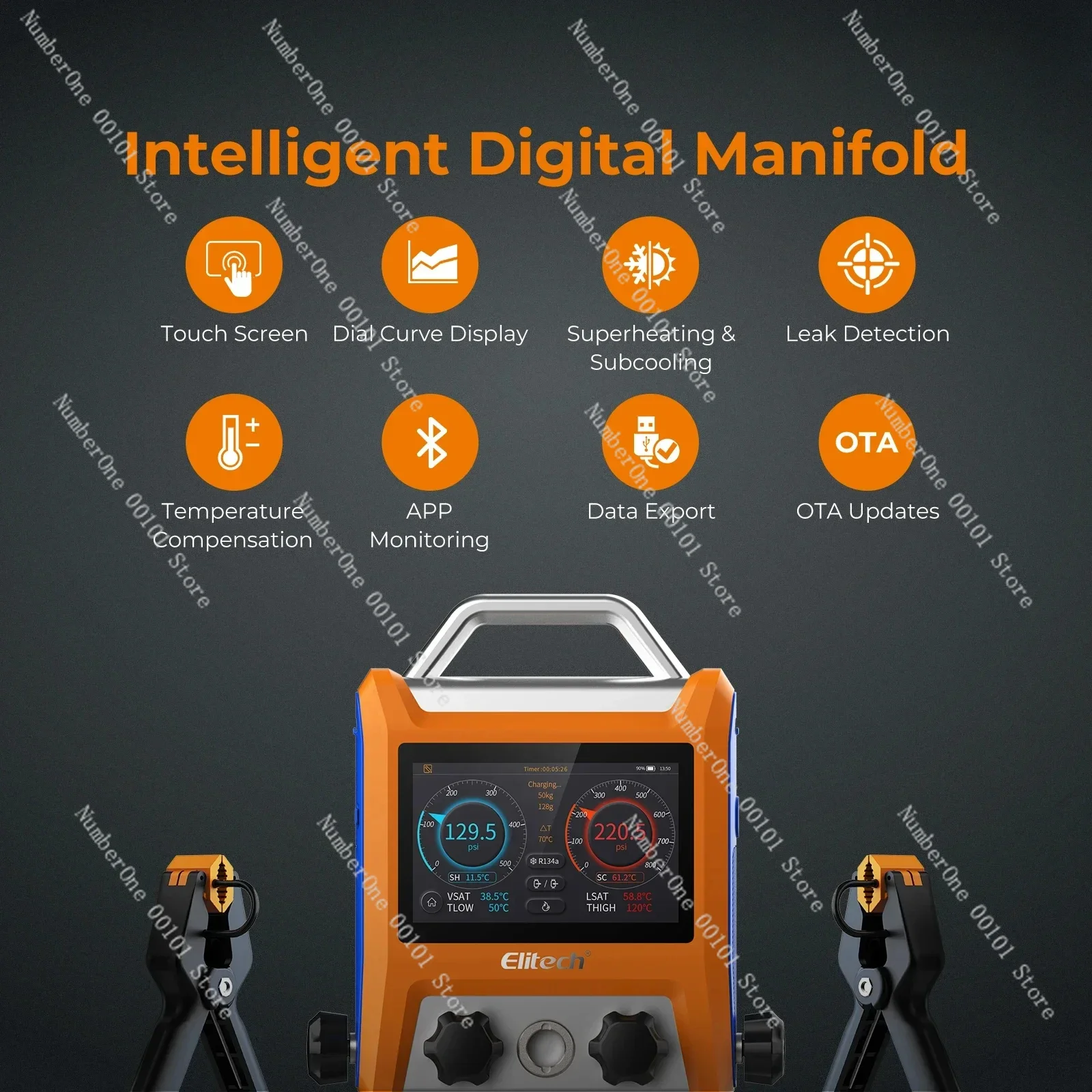 EMG-40V Intelligent 4 Valves Digital Manifold Kit with 5” Smart Touch Screen HVAC Gauge with Bluetooth