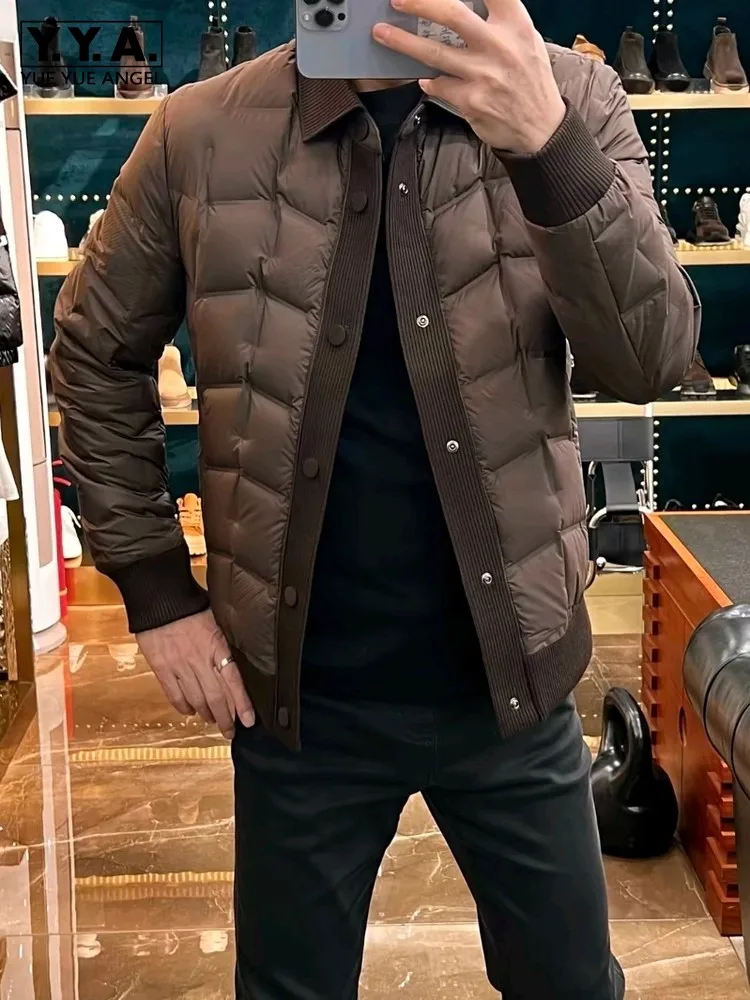 Winter Mens Business Work Thick Warm Down Jacket Slim Fit Single Breasted Spliced Outwear Coat Vintage Office Casual Overcoat