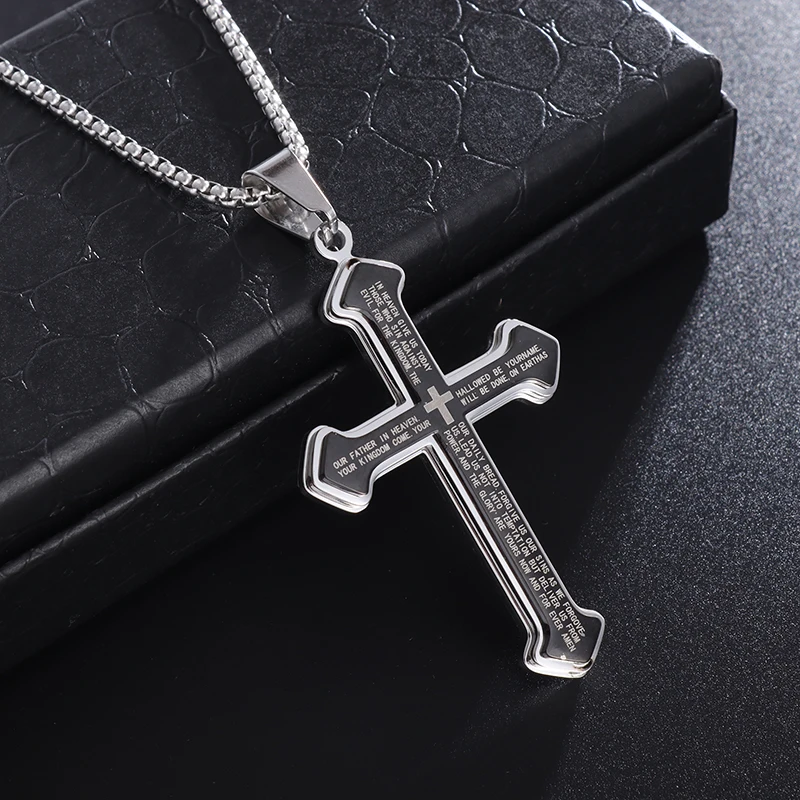 Fashion Punk Men's Stainless Steel Cross Pendant Christian Bible Psalm Necklace Amulet Jewelry Accessories