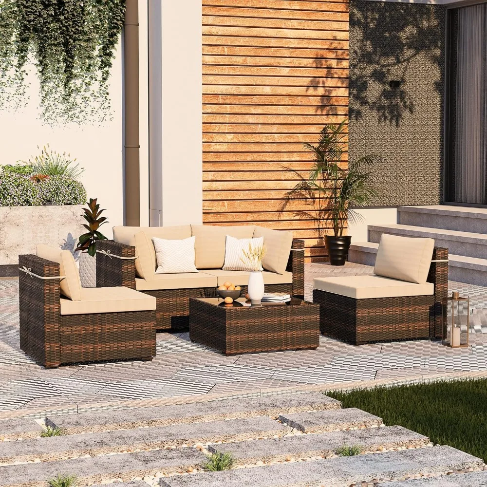 

5 Pieces Patio Furniture Set, Outdoor Sectional Sofa, PE Rattan Wicker Conversation Sets with Coffee Table, Garden Furniture Set