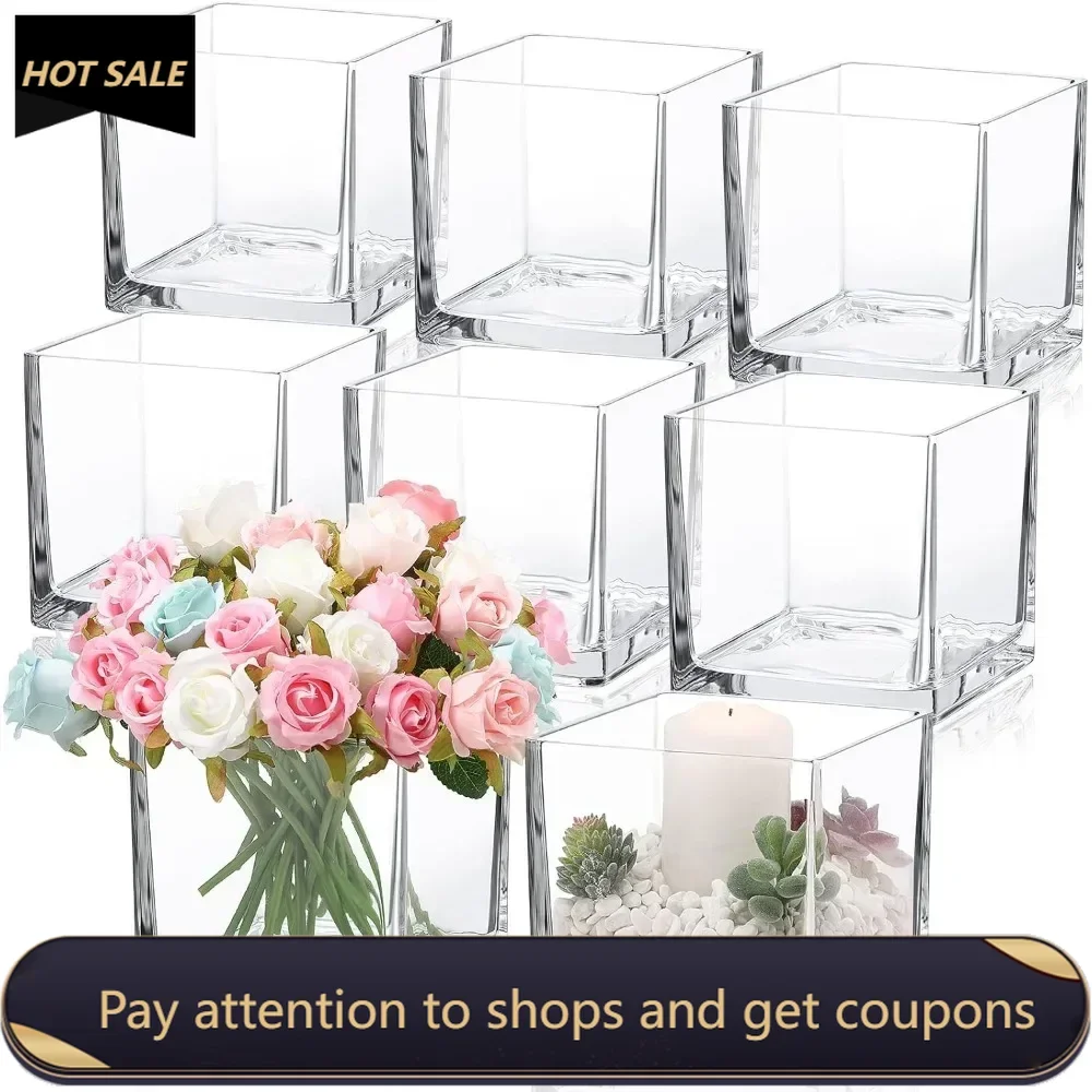 8 Pieces Square Glass Vase 6X 6 x 6 Inch Clear Cube Vase Wedding Flower Vase Floating Candle Holders for Centerpiece Home